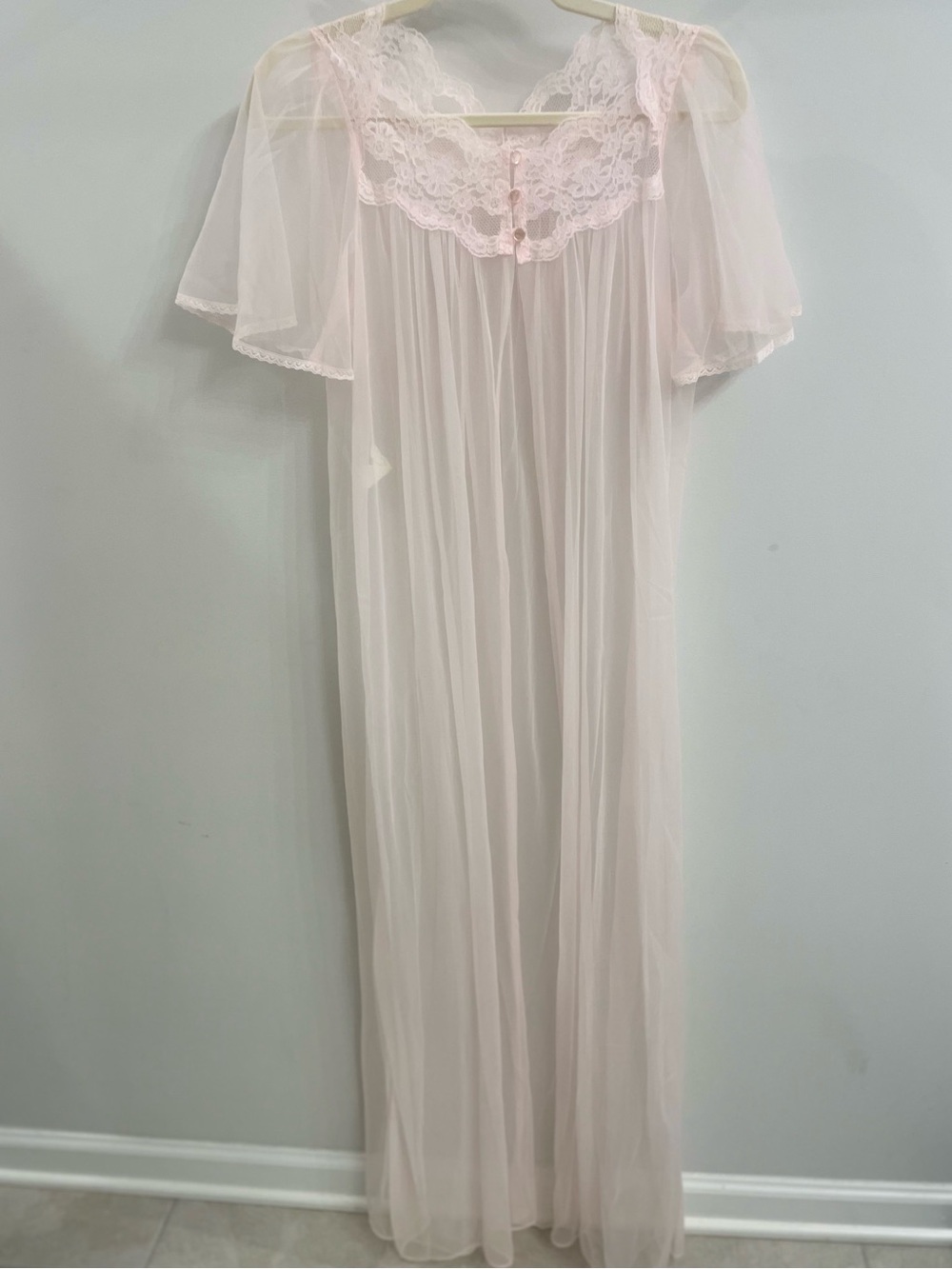 Vintage JCPenney Sheer Light Pink Lace Trim Long Robe